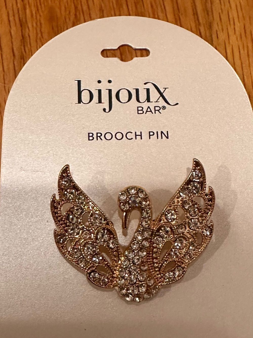 Bijoux Bar Gold Swan Rhinestone Brooch Pin- Clear Crystal Accent